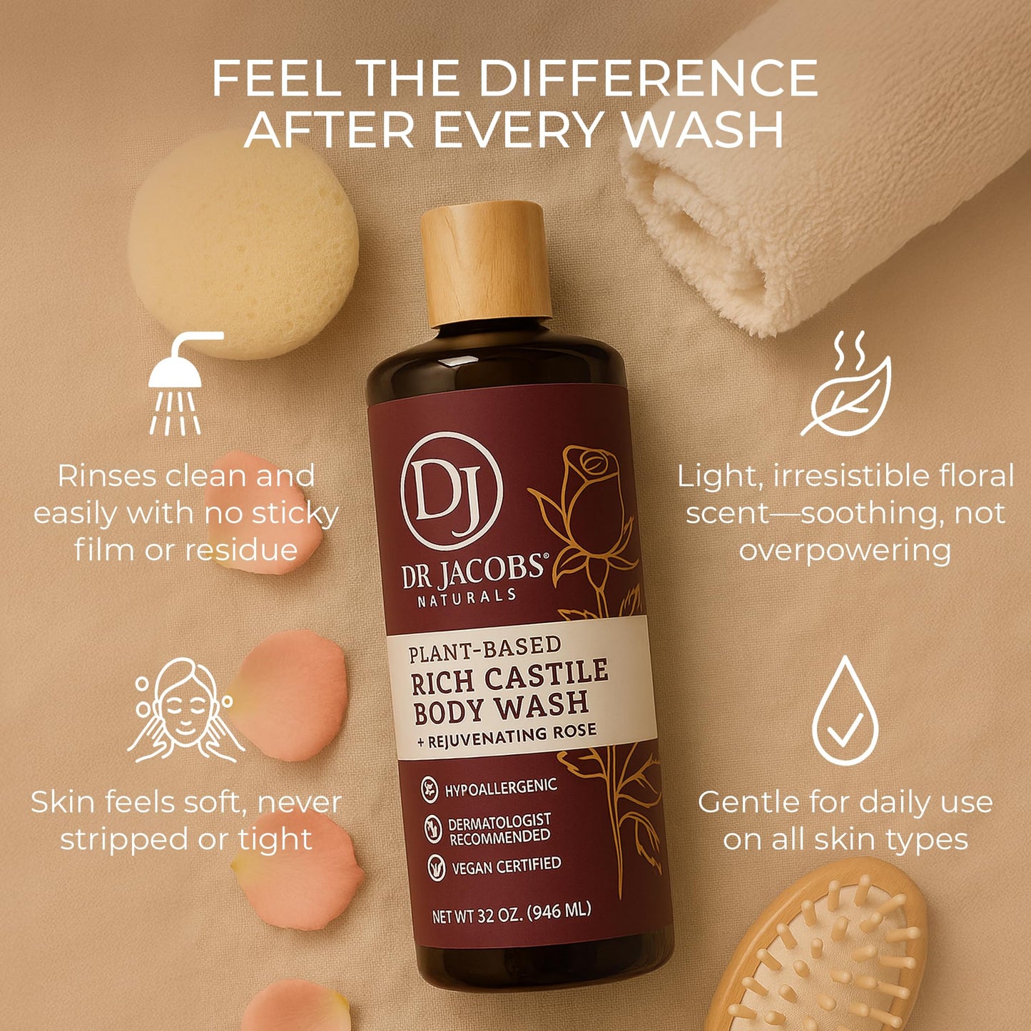 Dr. Jacobs Naturals Pure Castile Soap Liquid Body Wash, Rose - Plant Based Body Soap Infused with Vitamin E and Aloe Vera to Moisturize Dry