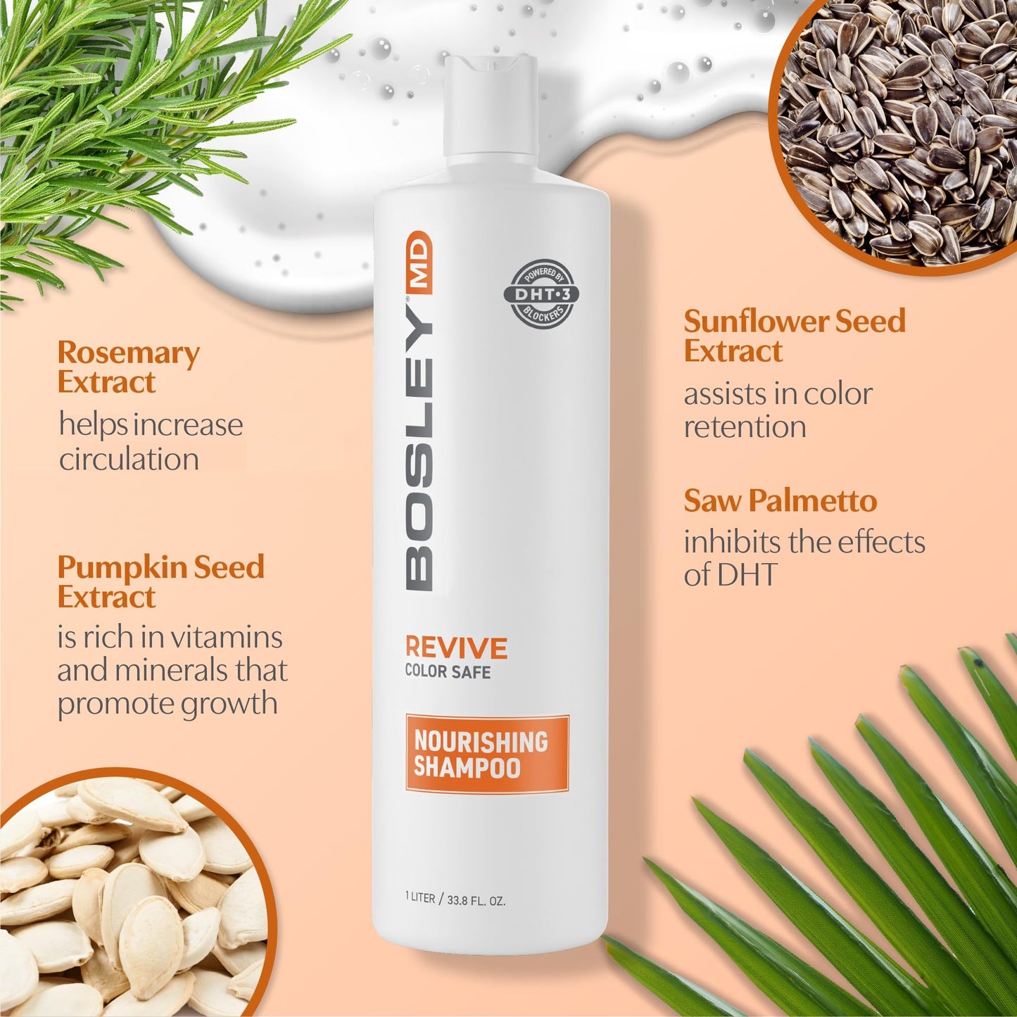 BosRevive Nourishing Shampoo for Thinning Hair (Color Safe) - DHT Blocker, Sulfate-Free, Vegan Formula with Biotin, Saw Palmetto & Rosemary