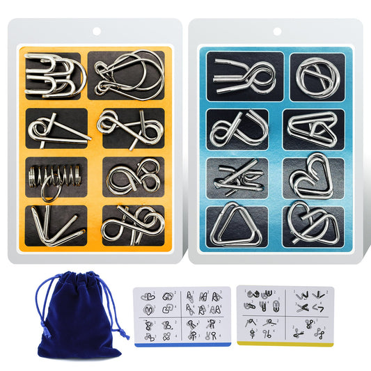 Metal Wire Puzzle 16-Piece Set with Pouch – IQ Test Brain Teaser Disentanglement Chinese Ring Fidget Toy for Kids & Adults – Portable Party Favor