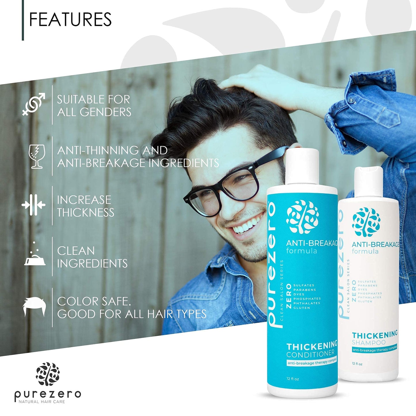 Purezero Anti-Breakage & Thickening Shampoo Conditioner set, For Hair Loss & Hair Thinning, With Biotin, Vitamin C, Caffeine and Saw Palmetto, 100%