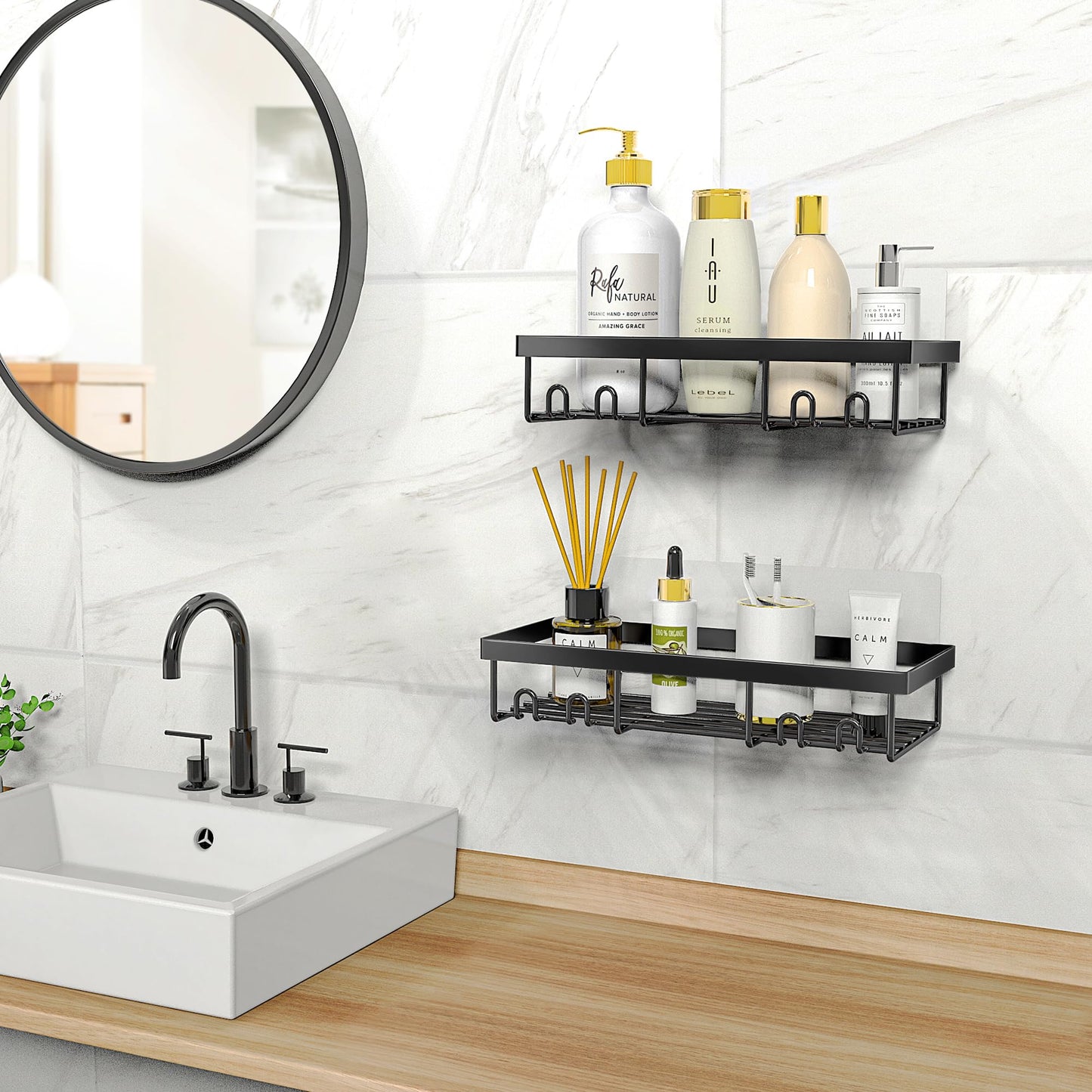 Moforoco Shower Caddy Shelf – Self-Adhesive Black Bathroom Organizer Rack for Wall, RV, Apartment, Home Storage Essentials