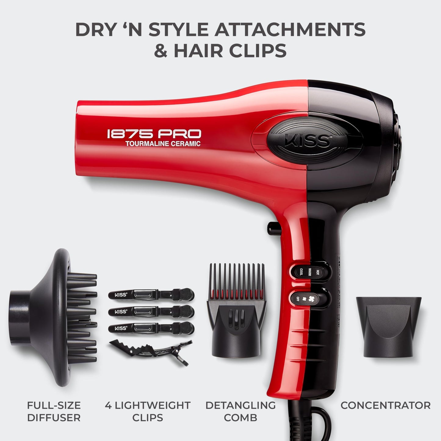 KISS 1875 Watt Pro Tourmaline Ceramic Hair Dryer, Styling Edition, 3 Heat Settings, 2 Speed Settings, Cool Shot Button, 7 Blow Dryer Accessories