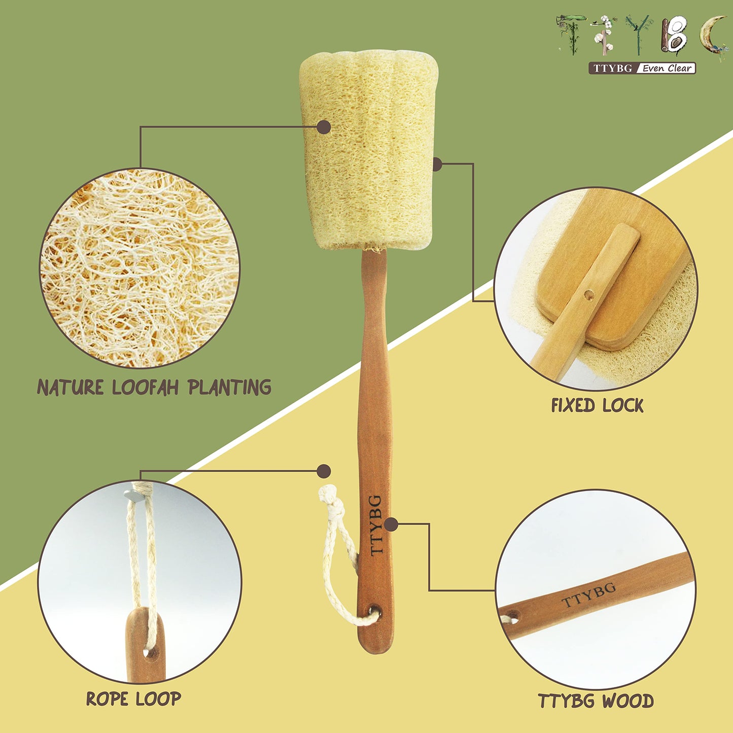 Natural Exfoliating Loofah Luffa Loofa Back Sponge Scrubber Brush with Long Wooden Handle Stick Holder Body Shower Bath Spa Pack of 2