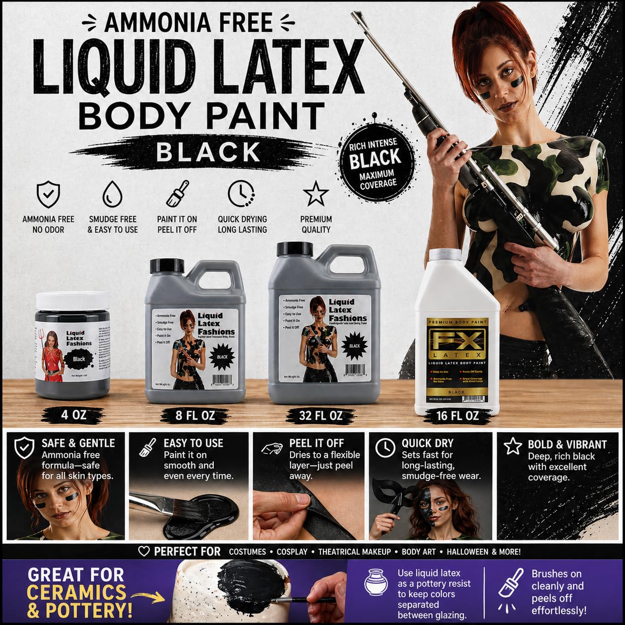 Black 32 Oz - Liquid Latex Body Paint, Ammonia Free No Odor, Easy On and Off, Cosplay Makeup, Creates Professional Monster, Zombie Arts