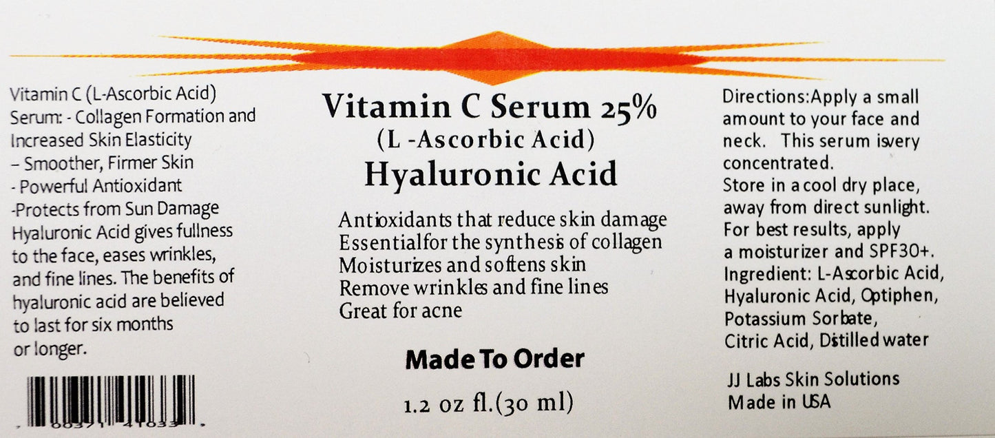 Vitamin C Skin Serum 25% (L-ascorbic Acid) with Pure Hyaluronic Acid Anti Aging Serum (1.2oz)
