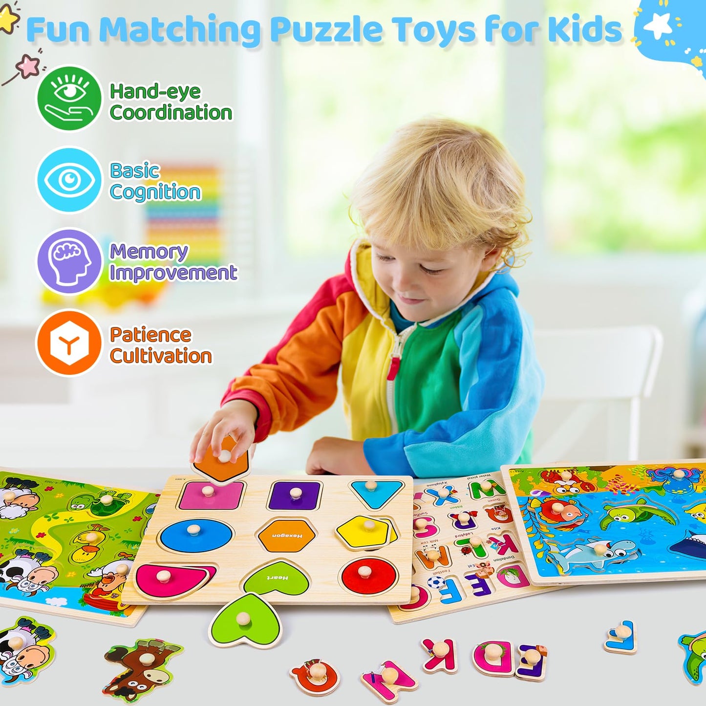 Wooden Peg Puzzles for Toddlers – 4 Pack Montessori Toys with Animals, Shapes & Alphabet, Learning Puzzles for Kids Ages 1-4 Boys & Girls