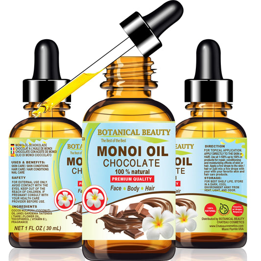 Botanical Beauty MONOI OIL Chocolate. Frangipani flowers in Coconut Oil with Chocolate aroma. 100% Natural Pure for FACE, SKIN, BODY, HAIR, NAILS