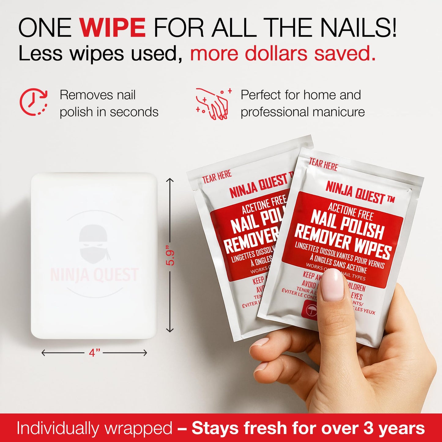 Nail Polish Remover Pads - 100% Non-Acetone - 50 Pack Bulk Set - Individually Wrapped - Quick Nail Polish Remover Wipes - Fingernail Travel Kit Beauty & Personal Care NINJA QUEST