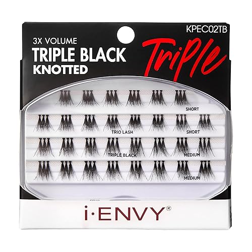 iENVY False Eyelashes Triple Black Knotted Individual Trio Lashes 3X Volume Reusable Eyelash Clusters (S/M)