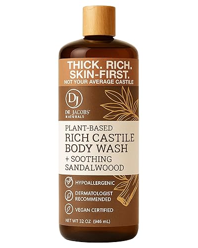 Dr. Jacobs Naturals Pure Castile Soap Liquid Body Wash, Sandalwood - Plant Based Soap Infused with Vitamin E and Aloe Vera to Moisturize Dry