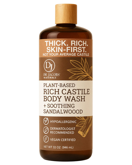 Dr. Jacobs Naturals Pure Castile Soap Liquid Body Wash, Sandalwood - Plant Based Soap Infused with Vitamin E and Aloe Vera to Moisturize Dry