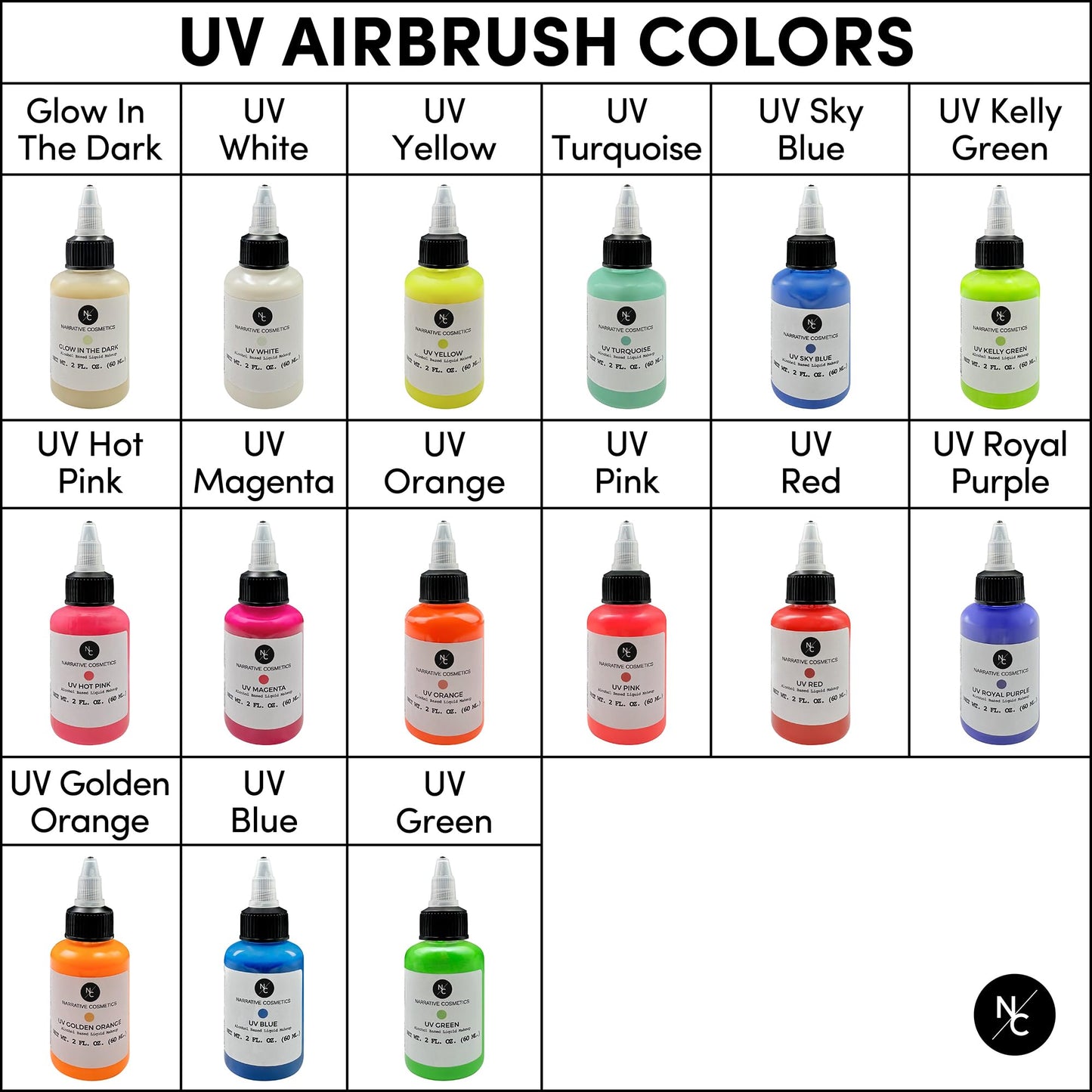 Narrative Cosmetics UV Fluorescent Alcohol Airbrush Paints - 2 fl oz, Glow Effect, Waterproof, Sweatproof, Highly Pigmented Liquid Makeup
