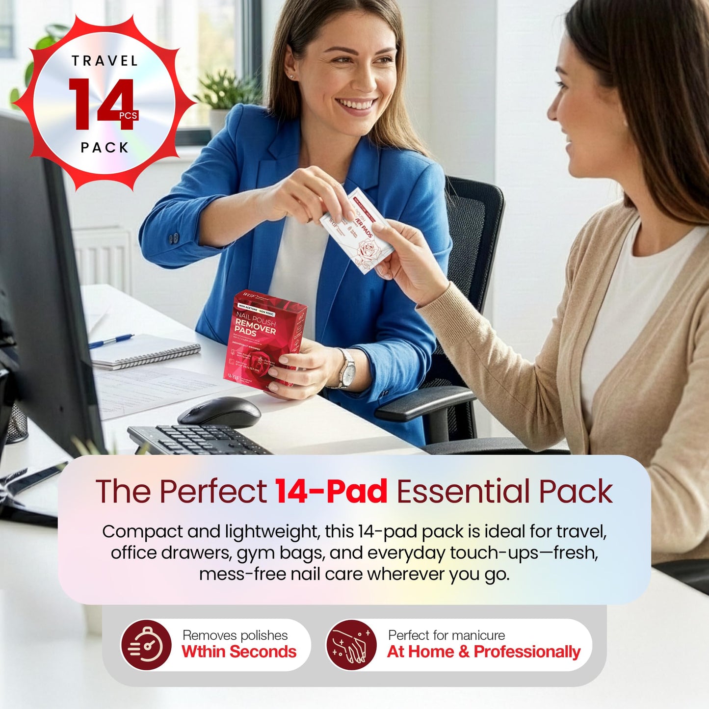 Nail Polish Remover Pads - 14 PCS - 100% Non-Acetone Gentle Formula - Individually Wrapped Wipes - Travel Size Fingernail Remover for Purse & Quick Beauty and Personal Care WGF PROFESSIONAL NAIL CARE