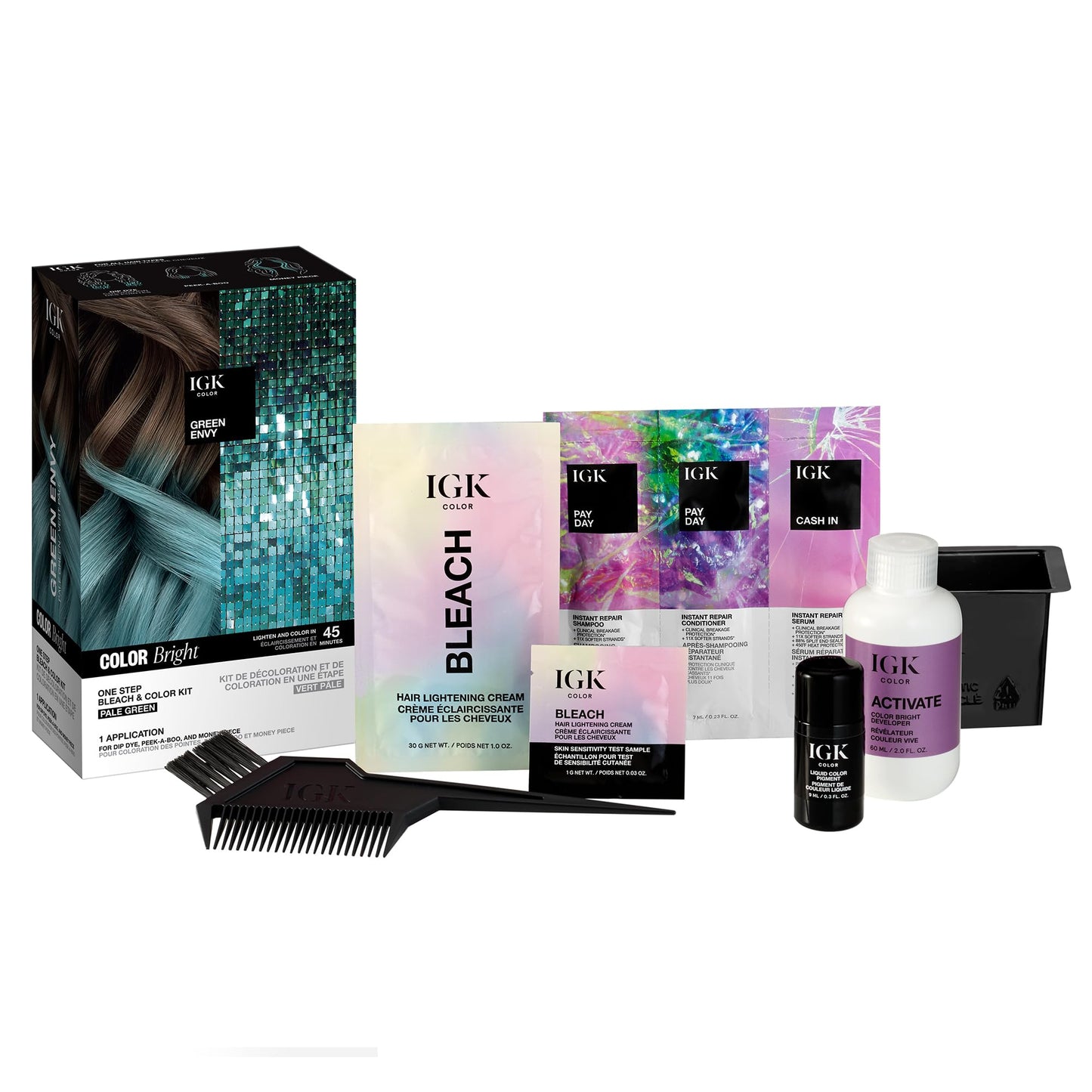 IGK Color Bright One Step Bleach & Color Kit for Accent Pieces GREEN ENVY - Pale Green | One-Step Color Processing + Replenishes + Hydrates | Vegan +