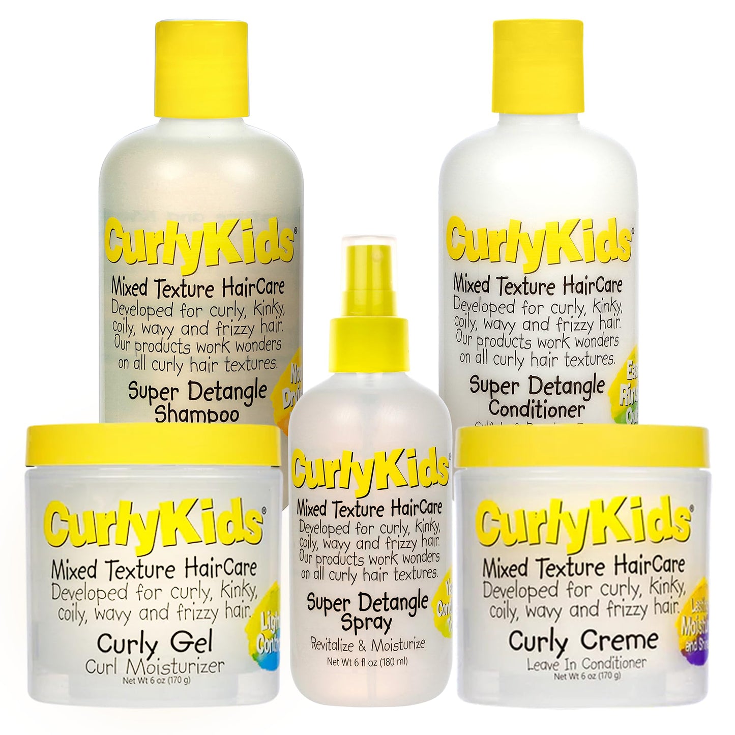CurlyKids Super Detangle Spray Bundle with Hair Detangler Spray, Kids Shampoo, Conditioner, Gel & Creme for Curly, Frizzy, & Wavy Hair | Sulfate