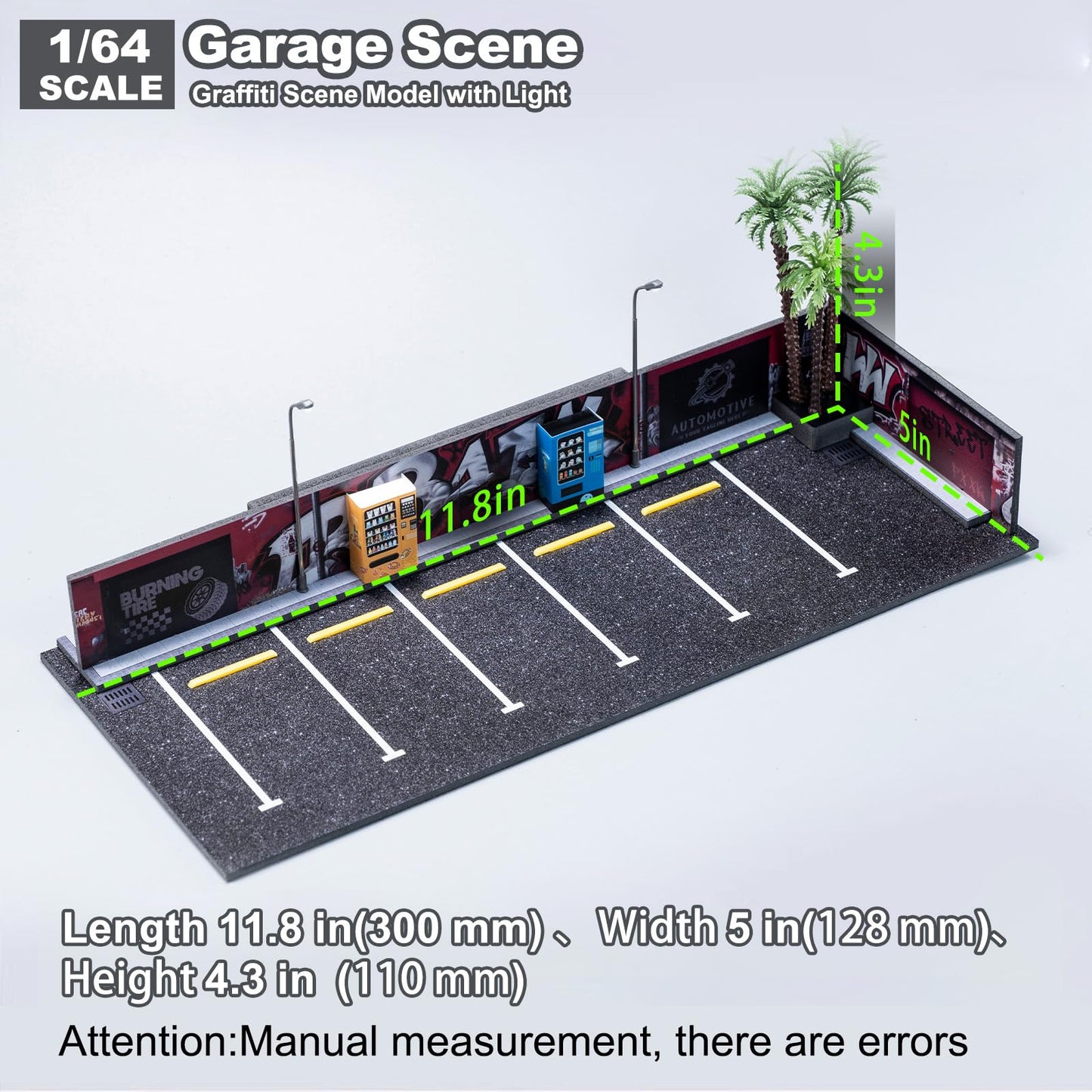 1/64 Diorama Garage, Garage and Display Case for Model Car, Scenic Diorama Display Car Park with 2 LED Street Lamps and 5 Outdoor Parking Spaces