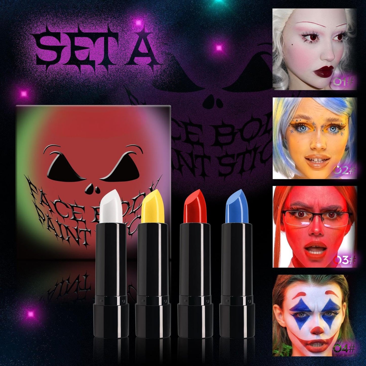 Halloween Face Paint Kit, 4 Colors Lipstick Set?Water-Based Non-Toxic Makeup for Face & Body | Easy Wash Off for Costume Parties, Kids, Adults