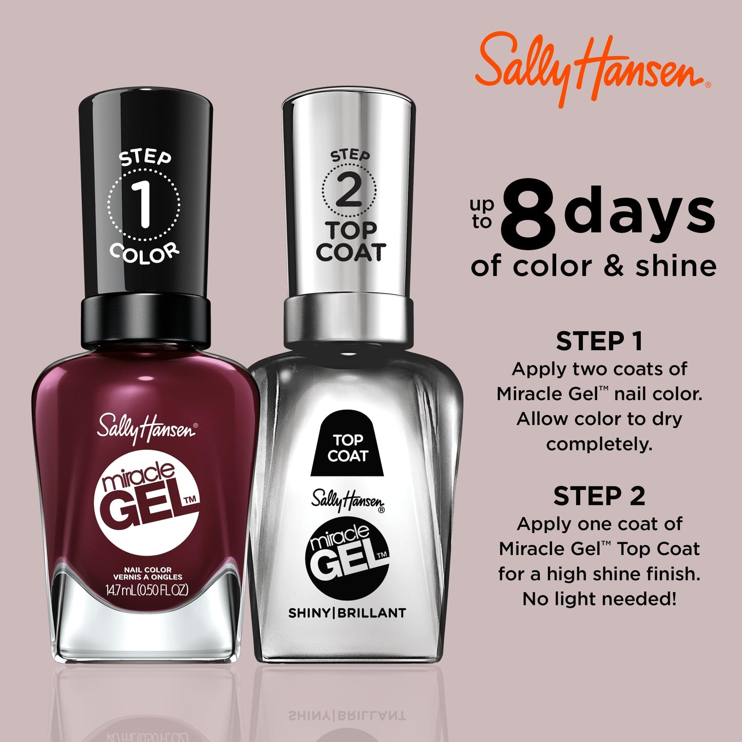 Sally Hansen Miracle Gel Salon Quality Nail Polish | Gel-Like Formula, Two-Step System, No UV Light Needed, Long Lasting | Opaque, Glossy | 479 Wine