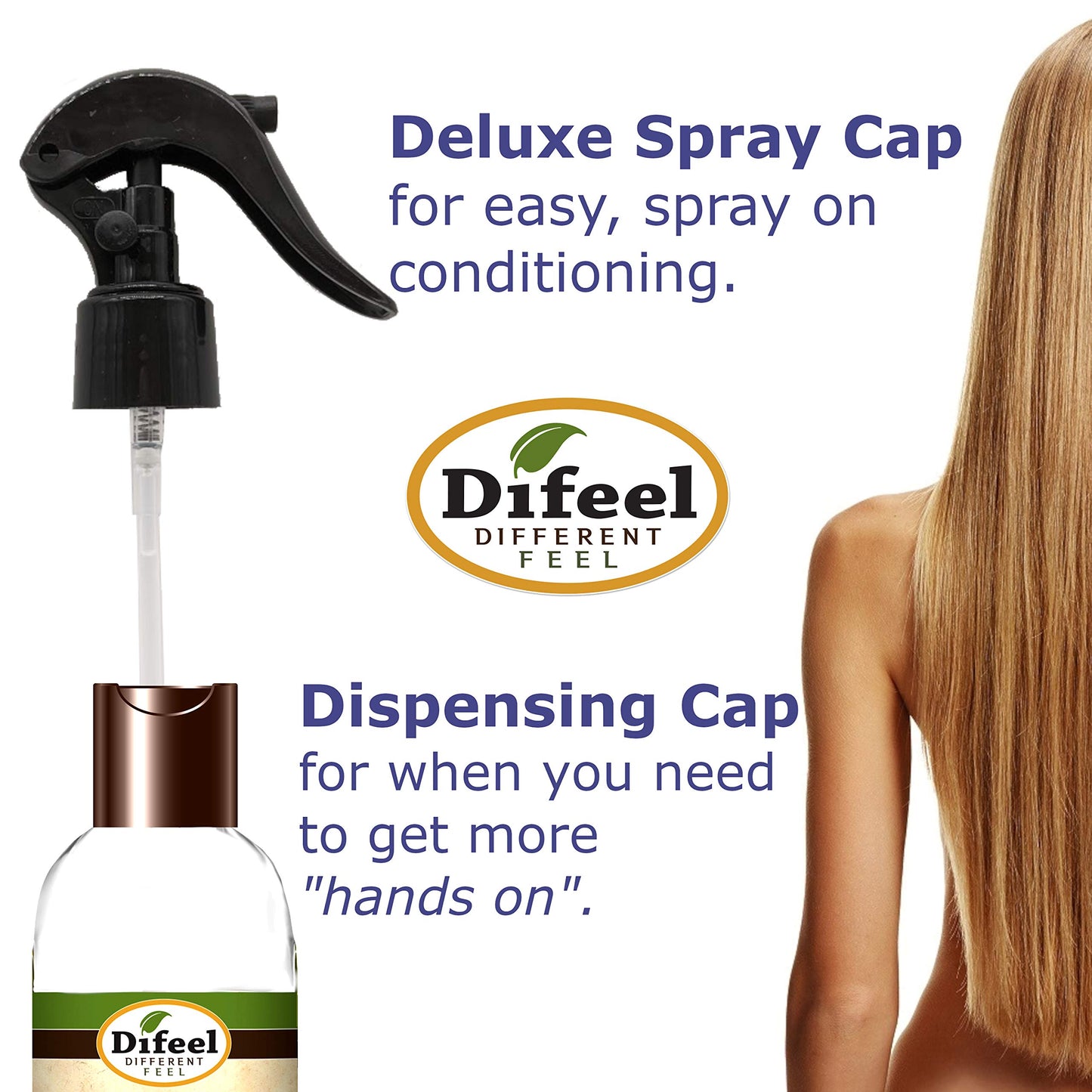 Difeel Anti-Frizz Leave in Conditioning Treatment - 100% Pure Vitamin E Oil 6 oz. with Spray Cap & Dispensing Cap