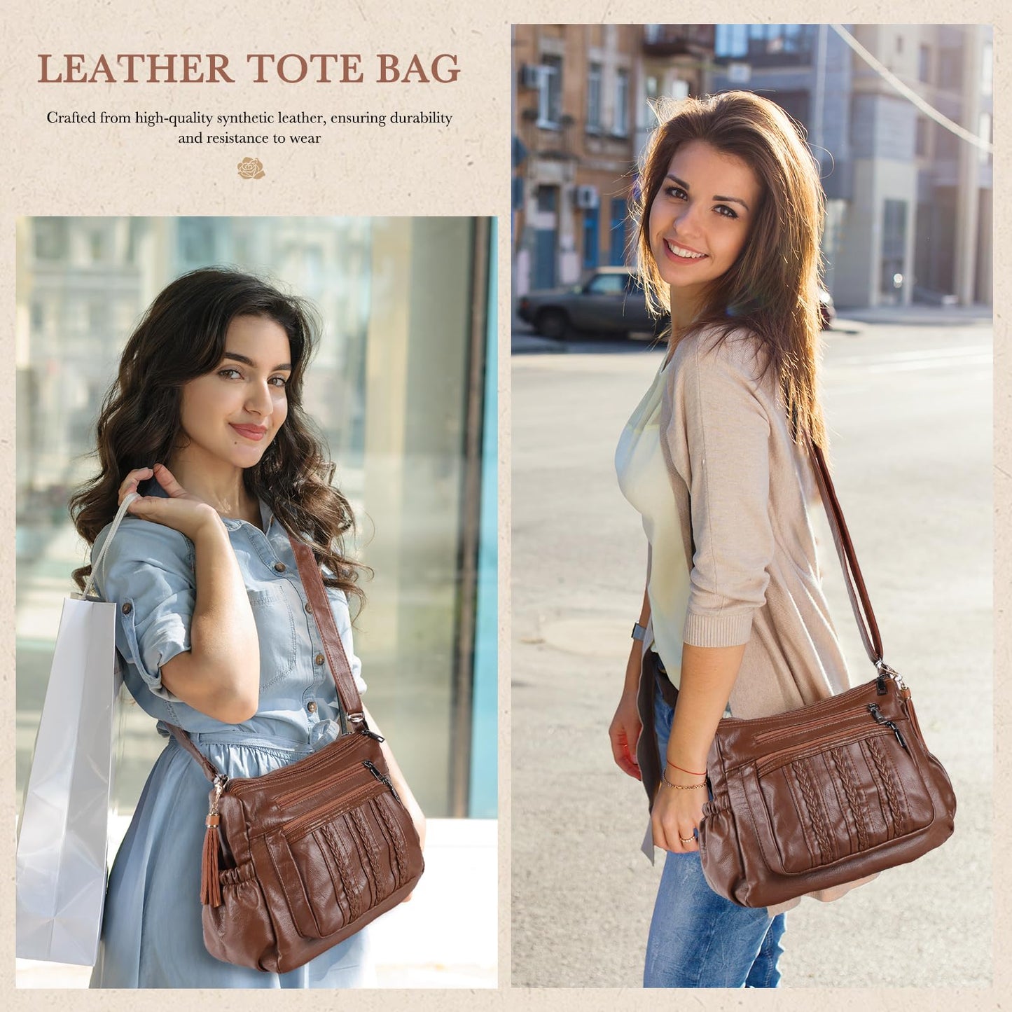 ELDA Purses for Women Pocketbooks Soft PU Leather Ladies Crossbody Purse Multi Pocket Shoulder Bag (Brown)