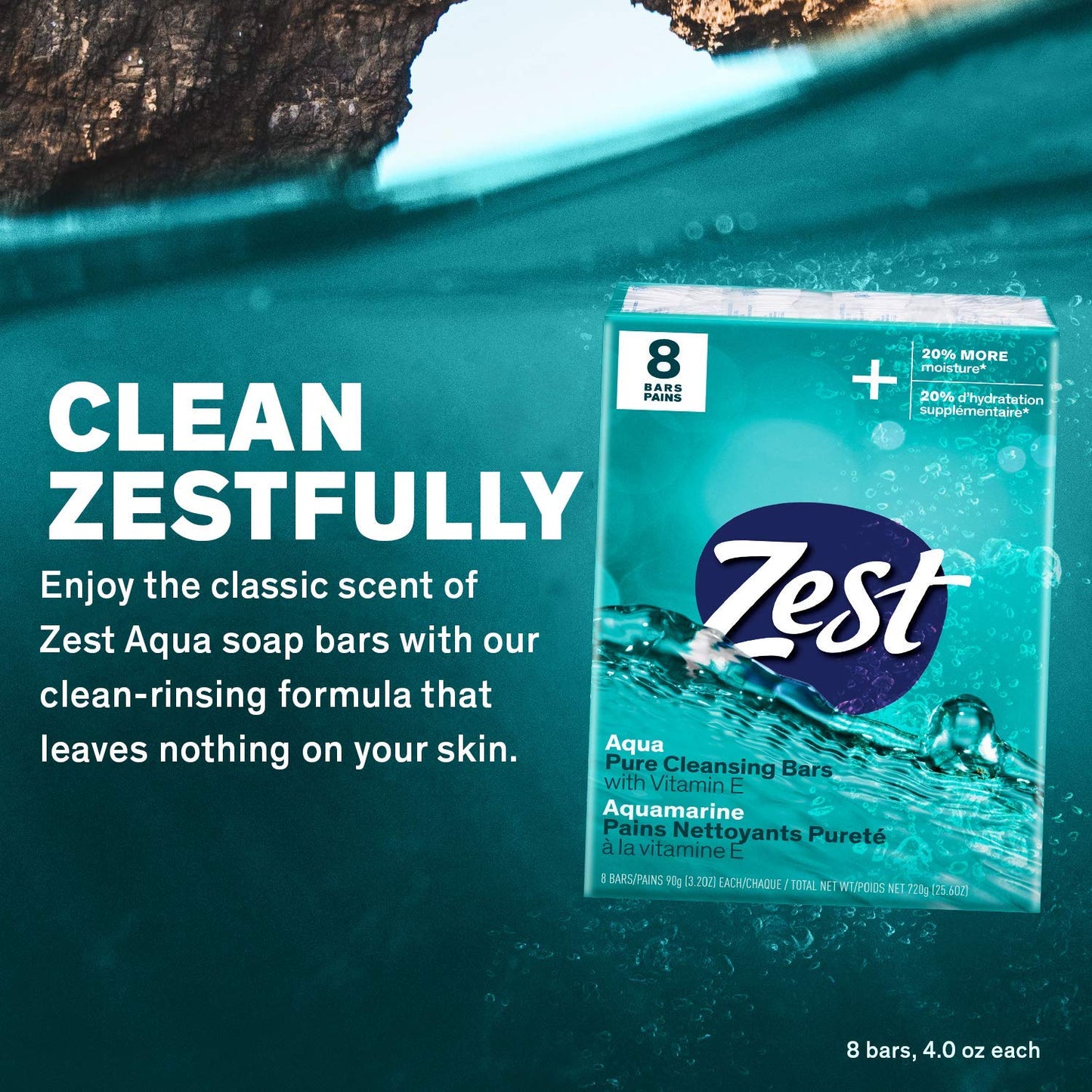 Zest Invigorating Aqua Bar Soap - 8 Bars - Refreshing Rich Lather Rinses Your Body Clean and Leaves You Feeling Moisturized with Vitamin E for Smooth