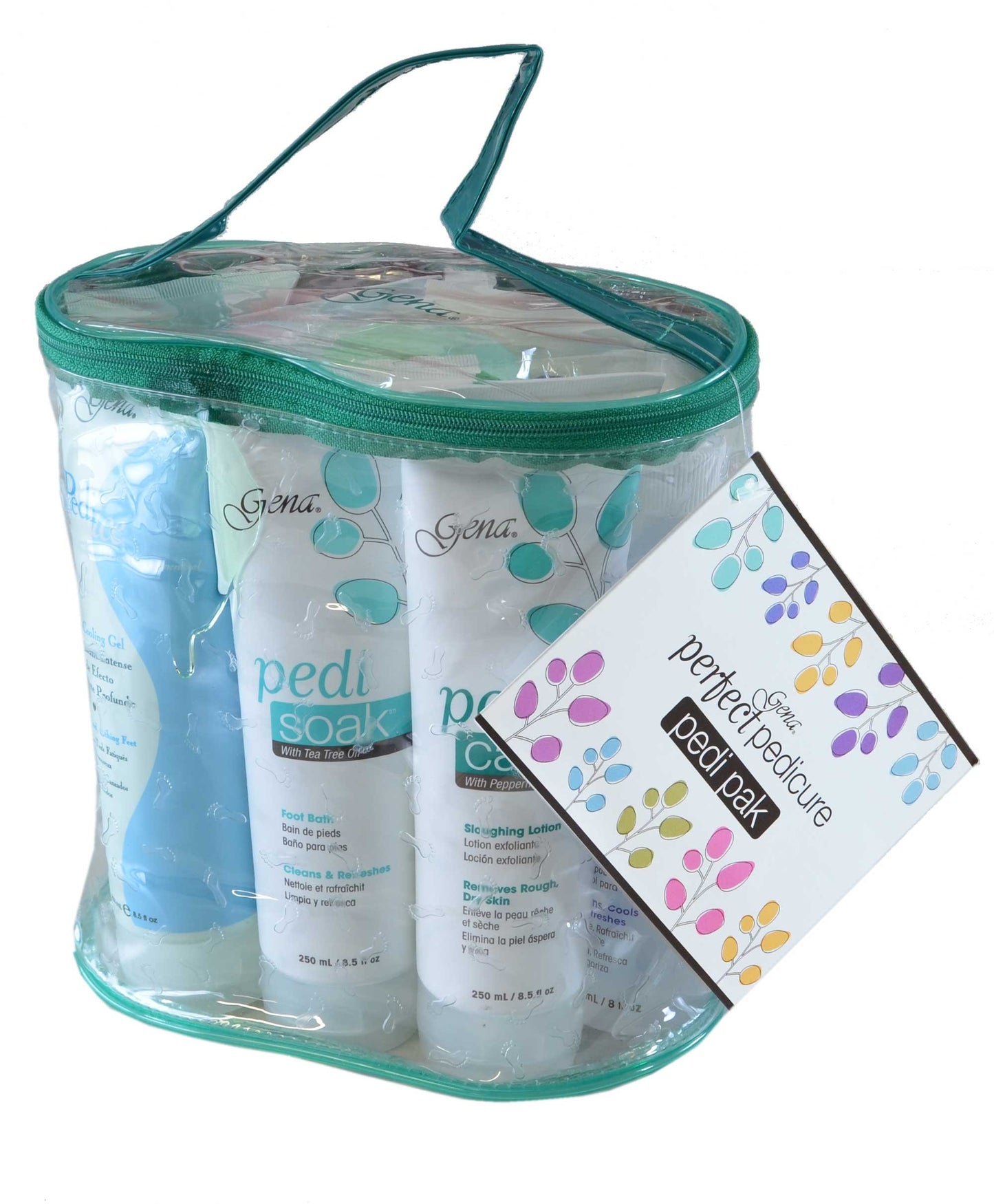 Gena Pedi Pak Intro Kit - 7-Piece Pedicure Kit Foot Spa with Foot Scrub, Soak & Pumice Stone in a Tote, At-Home Pedicure Set