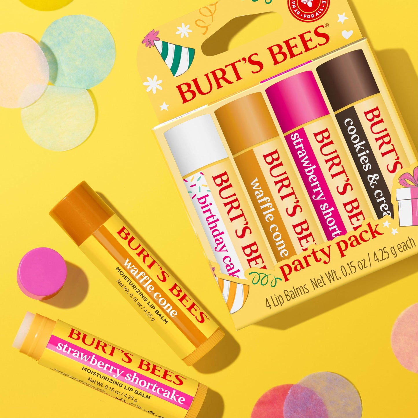 Burt's Bees Lip Balm Party Pack - Birthday Cake, Waffle Cone, Strawberry Shortcake, and Cookies & Cream, All Day Moisturizer, Tint-Free, Natural