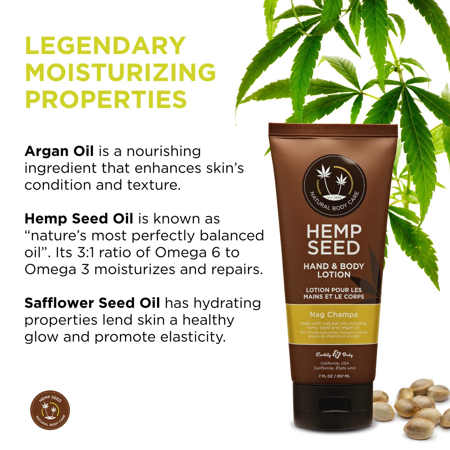 Hemp Seed Hand & Body Lotion, Nag Champa Scent - 7 Fl Oz - Soothe Dry Skin - Argan Oil, Hemp Seed Oil - Light, Non-Greasy Formula - Vegan & Cruelty