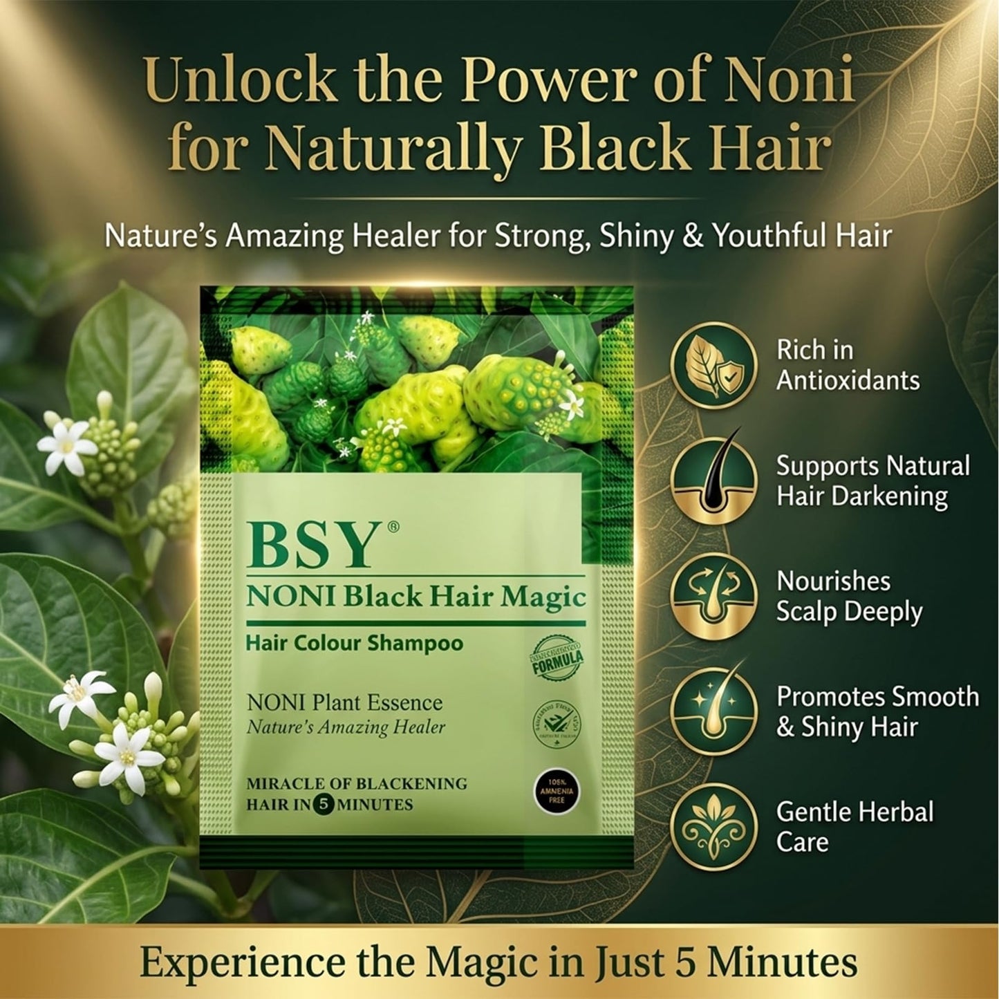 BSY Noni Black Hair Magic Hair Color Shampoo (12ml x 5 Sachets) | Ammonia-Free Permanent Noni Fruit Hair Dye | Natural Black Shade in 5 Minutes