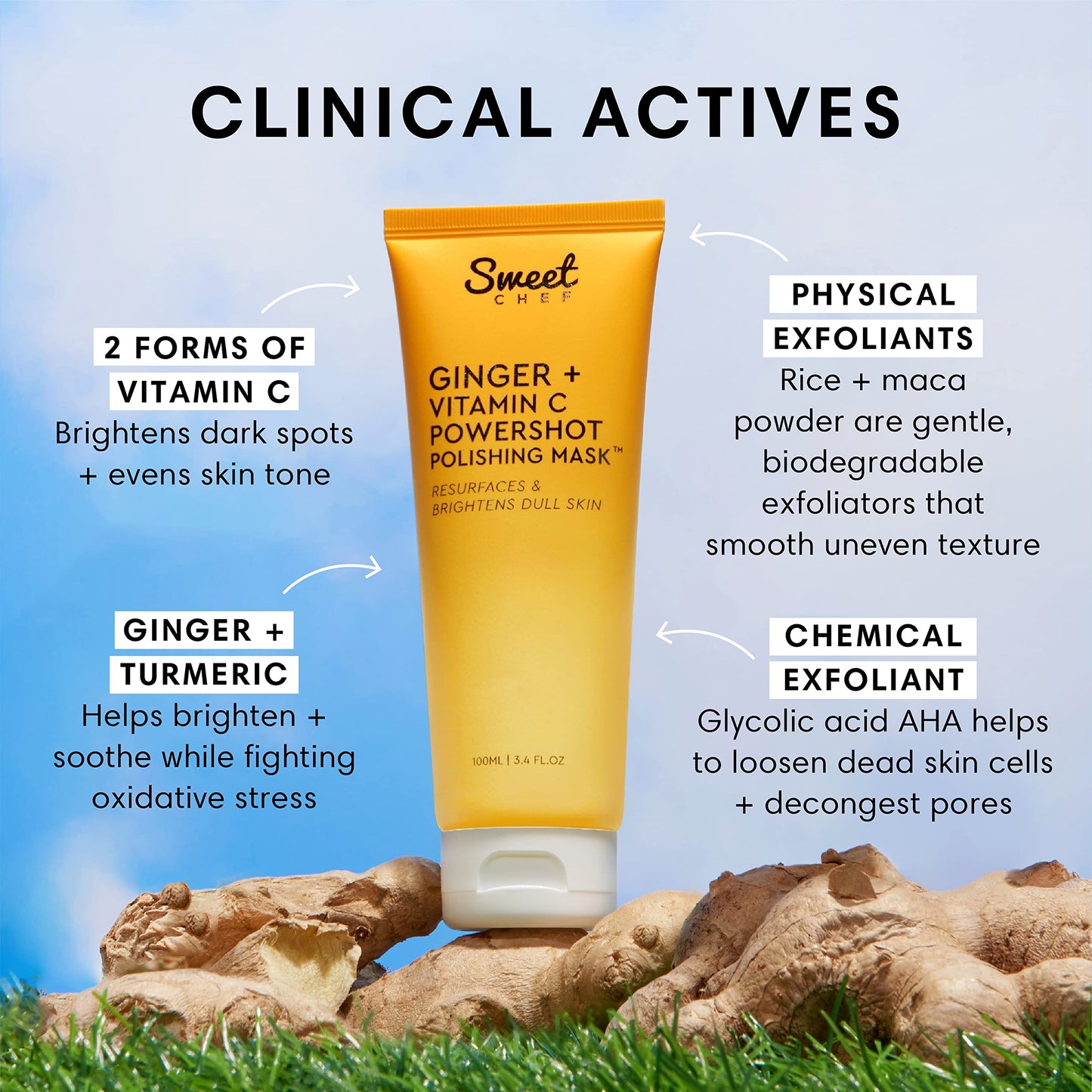Sweet Chef Ginger + Vitamin C Powershot Polishing Mask - Brightening Face Mask for Dark Spots & Uneven Skin Tone + Maca, Rice Powders & AHA Face