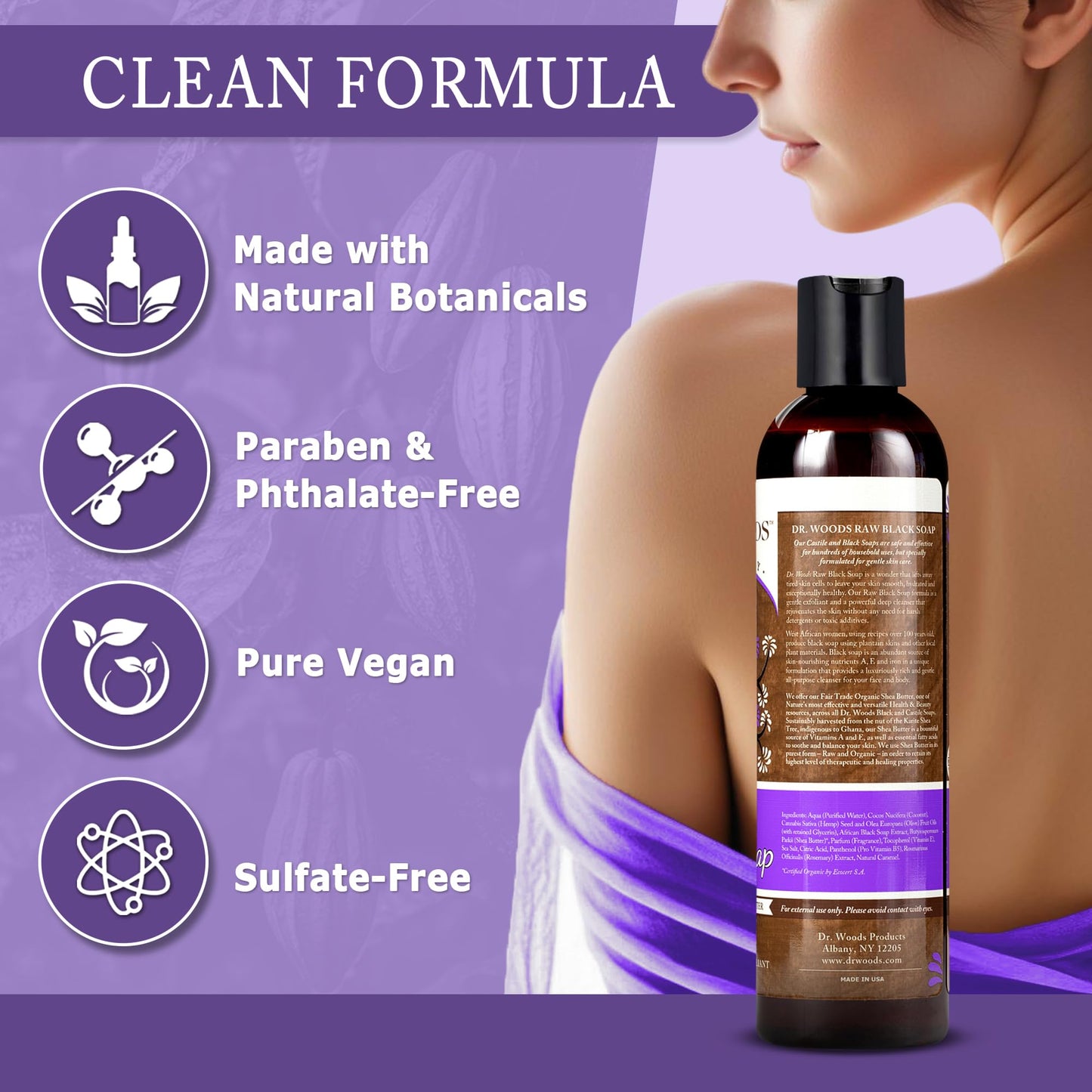 Dr. Woods Raw African Liquid Black Soap - Body Wash for Men and Women, Contains Organic Shea Butter, Gentle Exfoliant, Natural Cleanser for Face