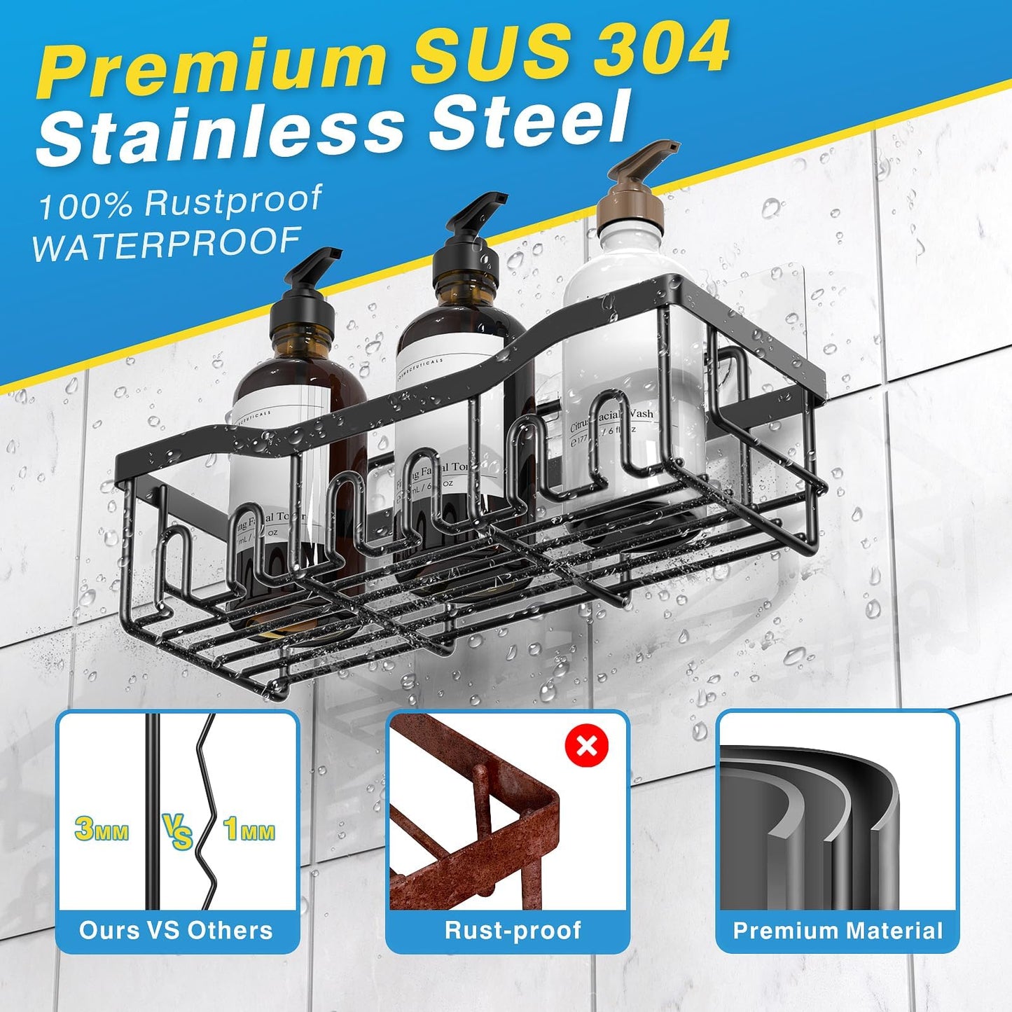 EUDELE Adhesive Shower Caddy 5-Pack, Rustproof Stainless Steel Bathroom Shelves, No-Drill Storage Organizers, Large Capacity