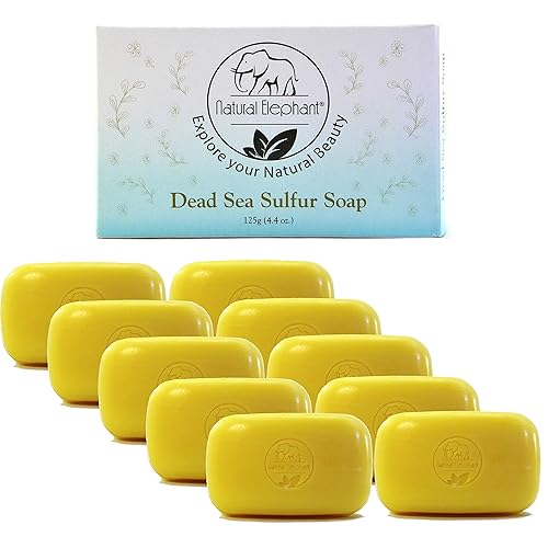Natural Elephant Dead Sea Sulfur Soap 4.4 oz with Dead Sea Salt, Aloe Vera, Sulphur Face and Body Cleanser Bar for All Skin Types (10 Pack (44 oz