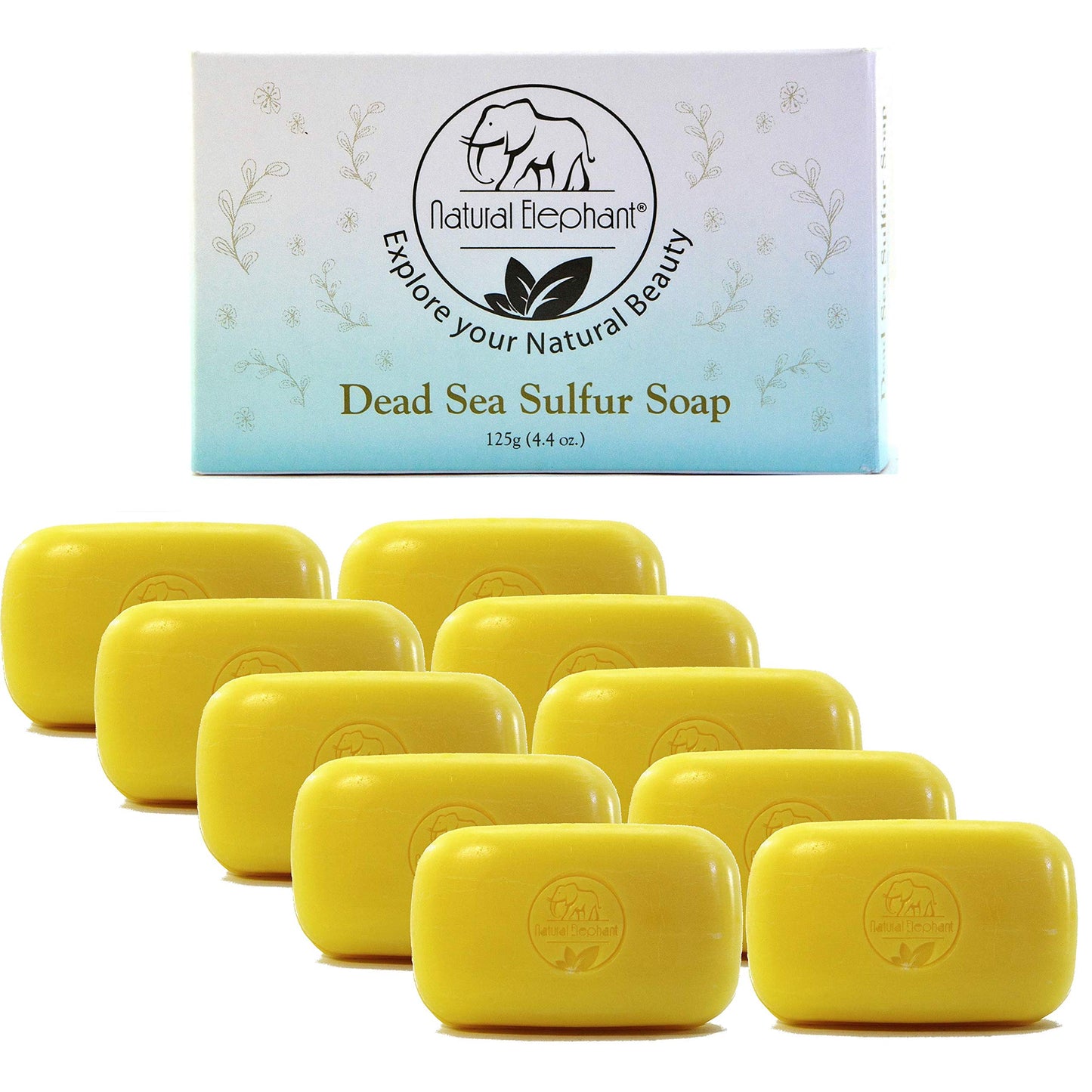 Natural Elephant Dead Sea Sulfur Soap 4.4 oz with Dead Sea Salt, Aloe Vera, Sulphur Face and Body Cleanser Bar for All Skin Types (10 Pack (44 oz