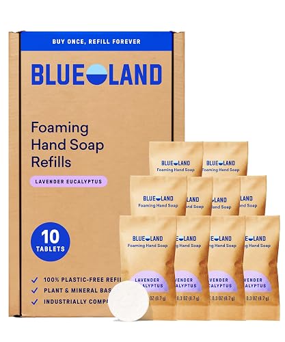 BLUELAND Foaming Hand Soap Refill Tablets, 10-Pack, Lavender Eucalyptus Scent, Eco Friendly Cleaning Products, 10 x 9 Fl oz