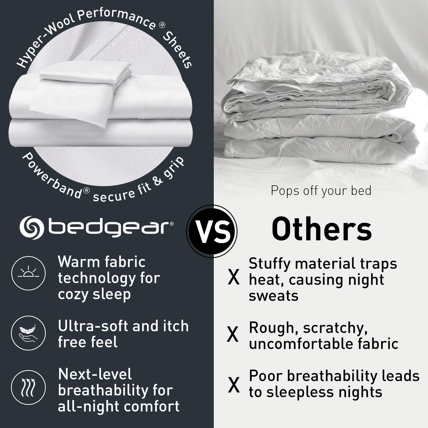 Bedgear Hyper-Wool Bed Sheet Set - Warm, Breathable Moisture-Wicking for Dry Sleep Environment - Soft Fabric - Fitted Sheet, Flat Sheet, Pillowcases,