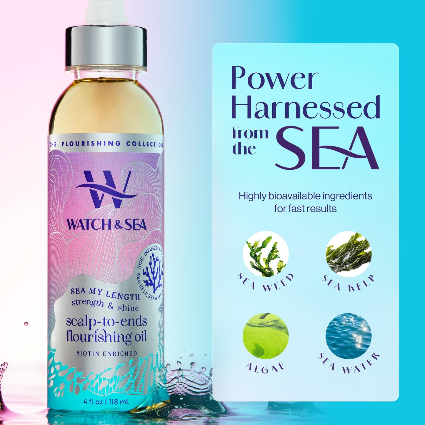 Watch & Sea Strength & Shine Scalp-to-End Flourishing Hair Oil - Strengthening Hair and Scalp Oil with Seaweed and Sea Kelp - Great for Daily Use