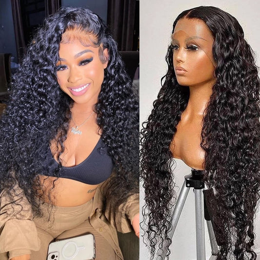 SNJON 13x6 HD Transparent Lace Front Wigs Human Hair 180 Density Curly Lace Front Wigs Water Wave Wigs for Women Wet and Wavy Human Hair Wig Pre