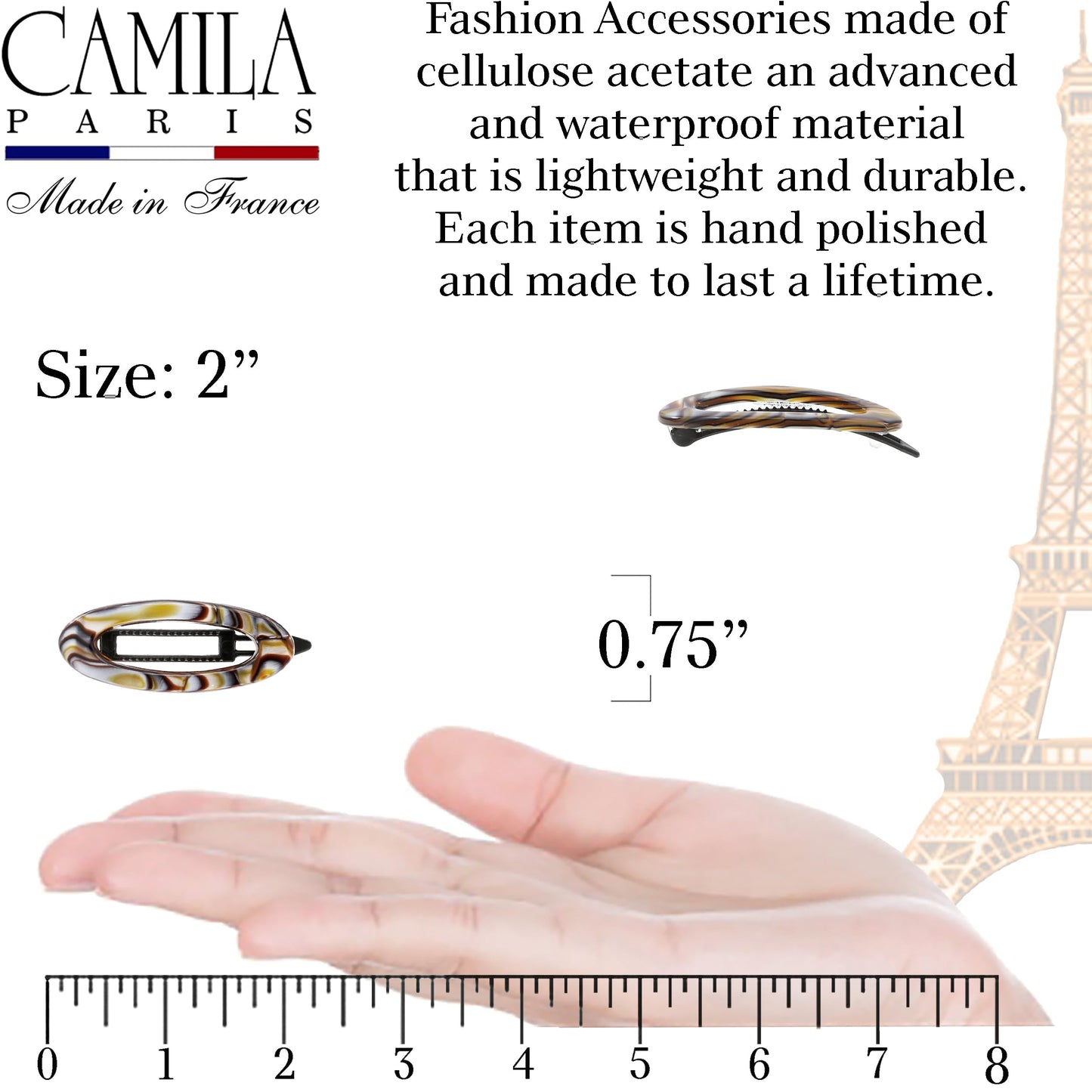 Camila Paris CP3367 French Hair Barrette Clip for Women, Handmade, Onyx, Side Slide-in Metal-Free Closure Strong Hold Grip Hair Clips for Girls, No