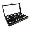 Novel Box Ring Display Glass Case Black 14.75x8.25x2.1 Inches with 72-Slot Black Ring Foam Insert - Travel Ring Case with Metal Clasp - Jewelry Box…