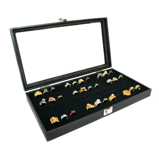 Novel Box Ring Display Glass Case Black 14.75x8.25x2.1 Inches with 72-Slot Black Ring Foam Insert - Travel Ring Case with Metal Clasp - Jewelry Box…