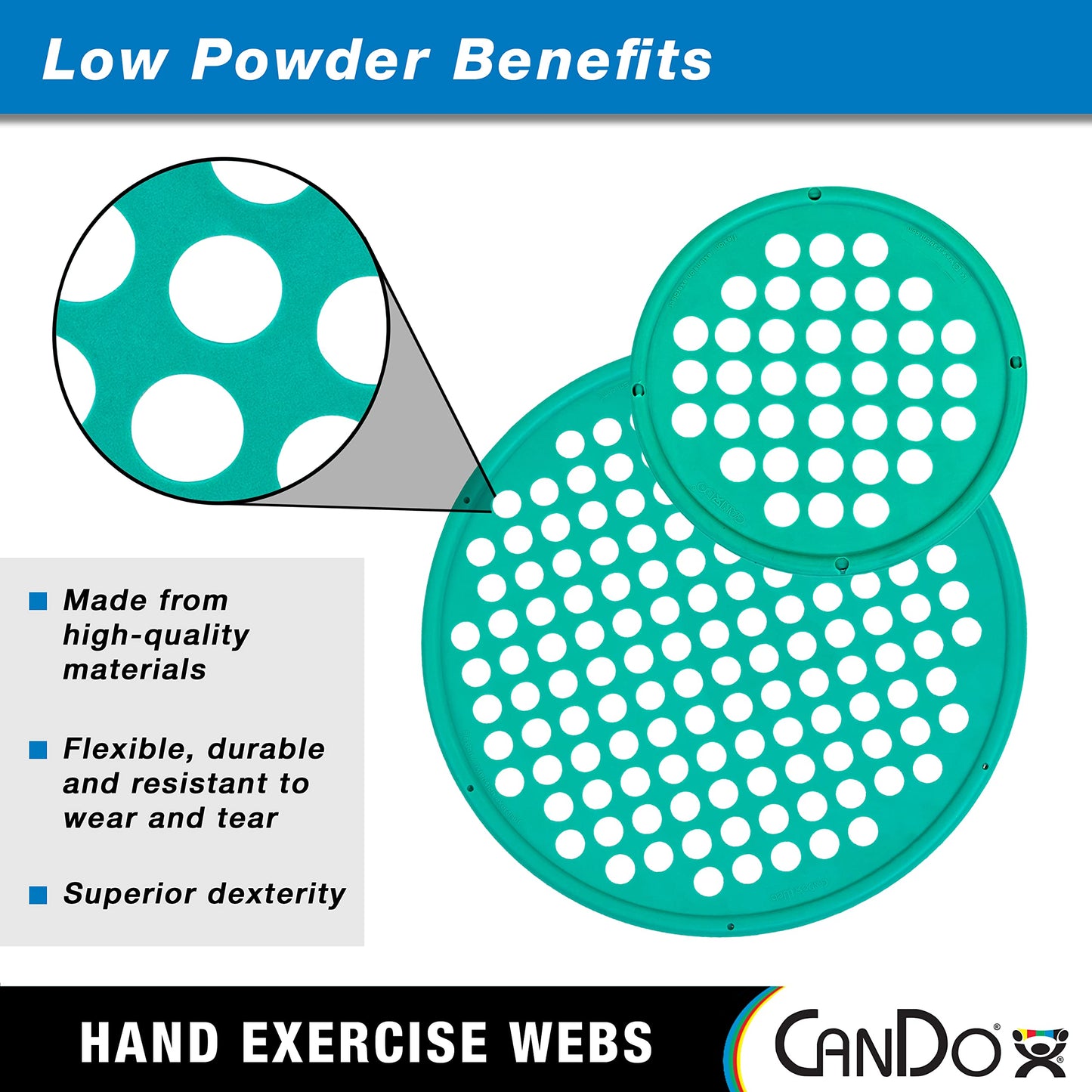 CanDo Hand Exercise Webs for Physical Therapy, Grip Strengthening, and Hand, Finger, Wrist Resistance Workouts, Portable Size, Low Powder, 14"…