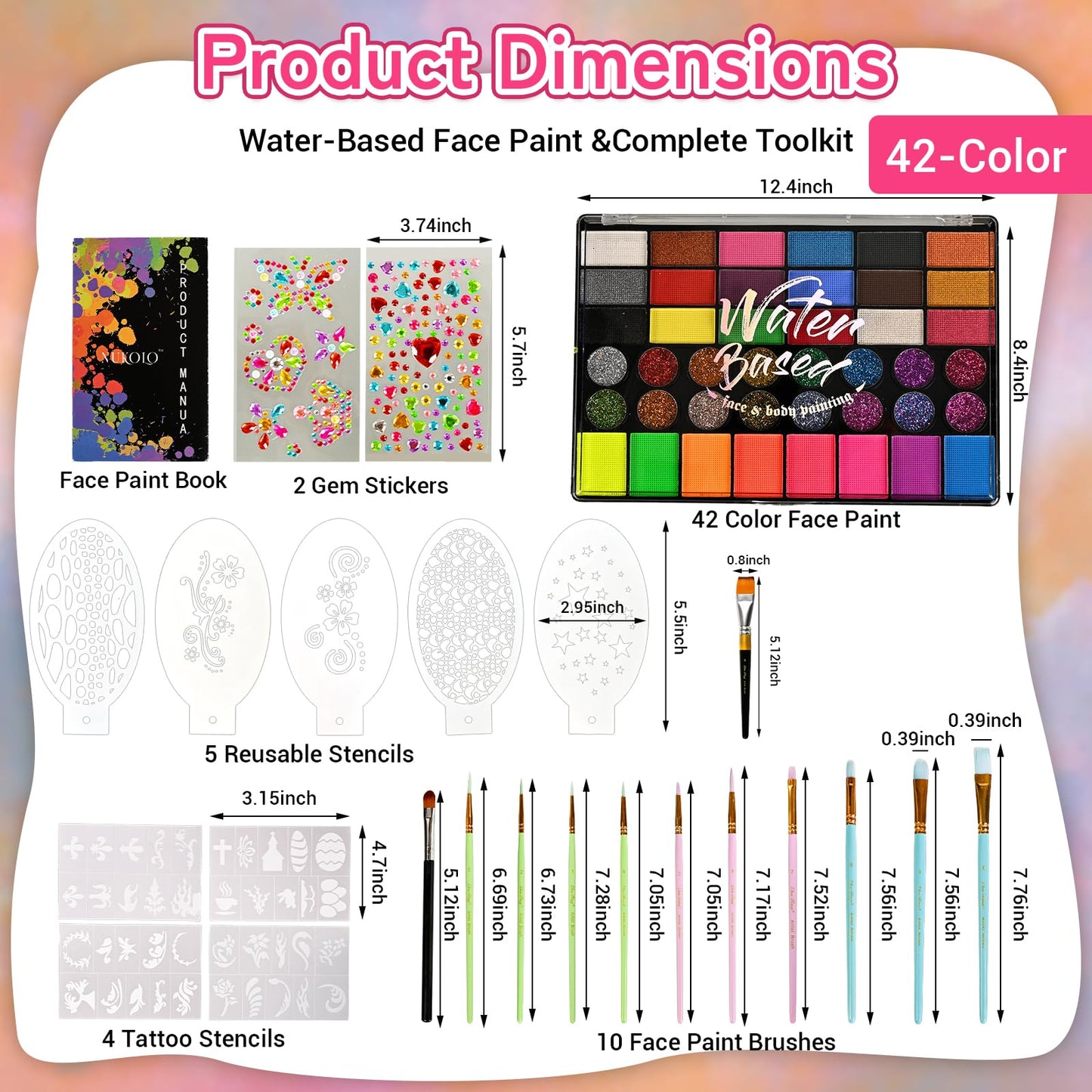 Ruihangda 42 Colors Face Painting Kit for Kids, Non Toxic Water Based Face Body Paint with Brushes, Stencils, Sponges, Gem Stickers, Washable Makeup
