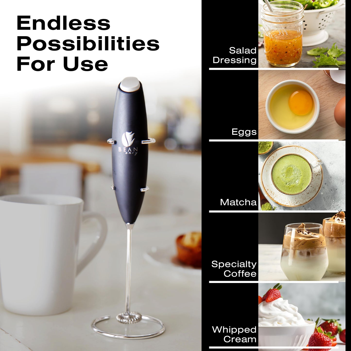 Bean Envy Handheld Milk Frother – Mini Whisk & Coffee Foamer with Stand for Lattes, Cappuccino, Matcha & Hot Chocolate, Black