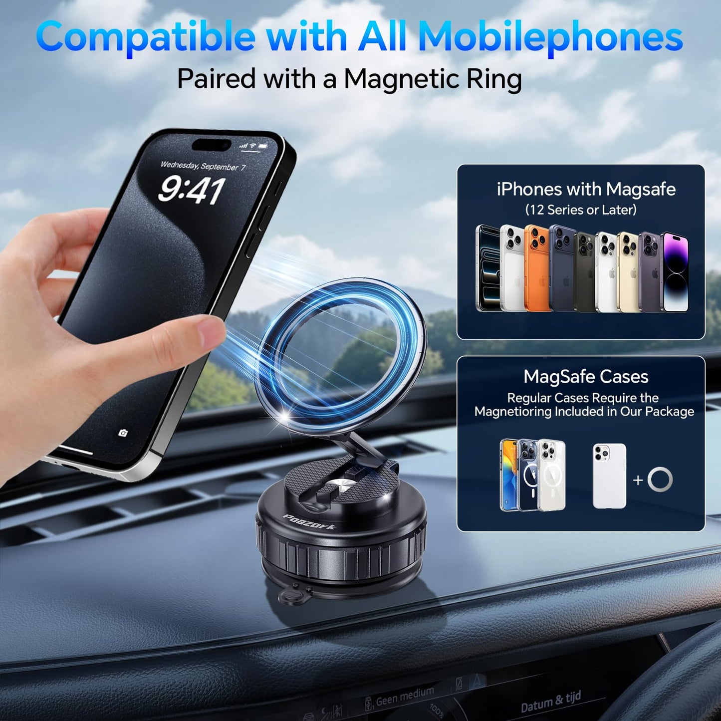 Poazork Car Phone Holder for Magsafe [78+LBS Strongest Suction & 2500gf Strongest Magnetic] 360° Adjustable Car Phone Mount.Portable Phone Holders…