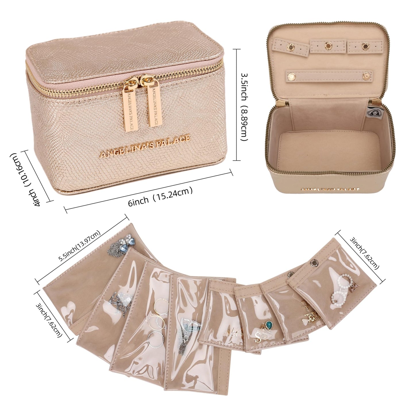 Angelina's Palace Snakeskin Pattern Jewelry Organizer Case Bridesmaid Gifts Travel Bag Vegan Leather Box for Necklace Earring Bracelet Ring(Champagne)