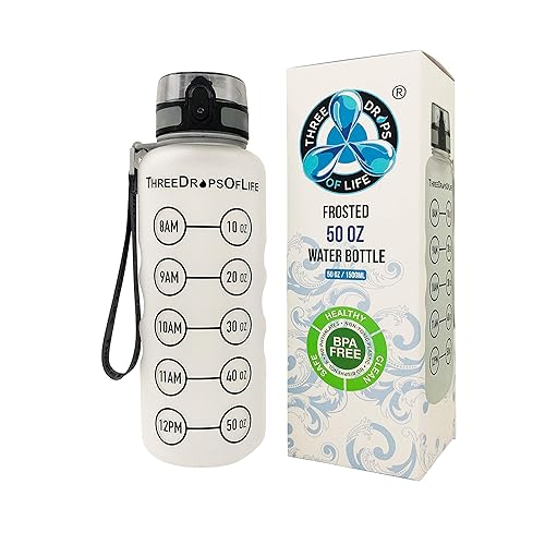 Three Drops of Life New 50oz Large Hydration Tracker Sport Water Bottles, Frosted Clear Tritan Plastic Bottle for Hydration Timer Tracking, Smart…