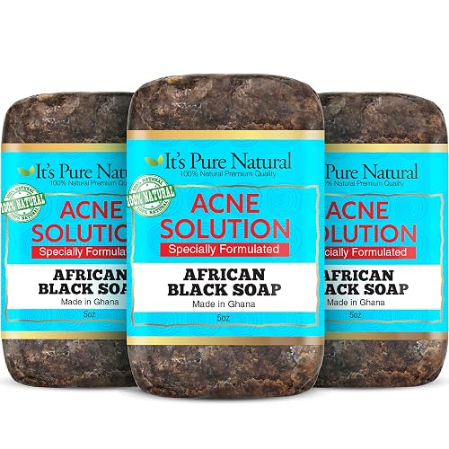 It's Pure Natural African Black Soap Bars with Acne Solution (Pack of 3) Organic Raw Soap for Face & Body, Acne Treatment & Dark Spot Remover [Made in