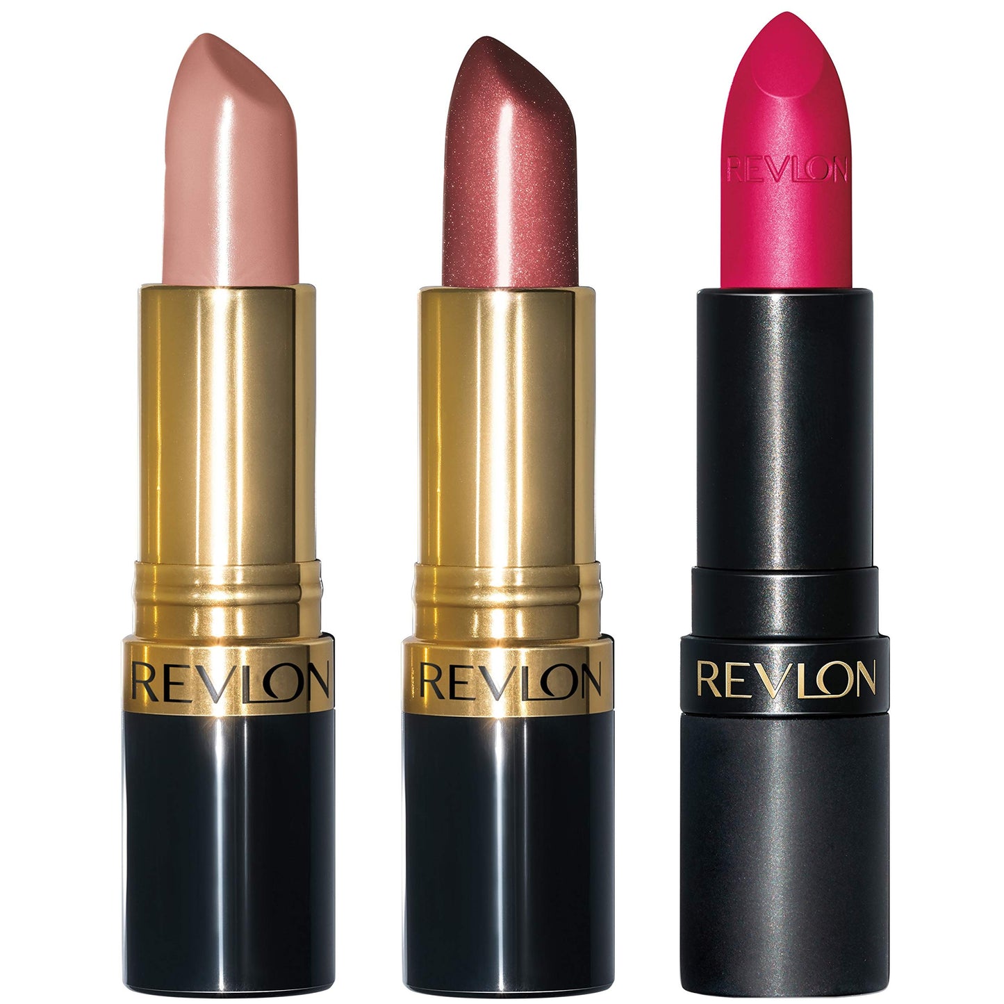 Revlon Super Lustrous 3-Piece Lipstick Gift Set, High Impact, Multi-Finish in Cream, Pearl & Matte, 755 Bare It All (Cream), 610 Gold Pearl Plum