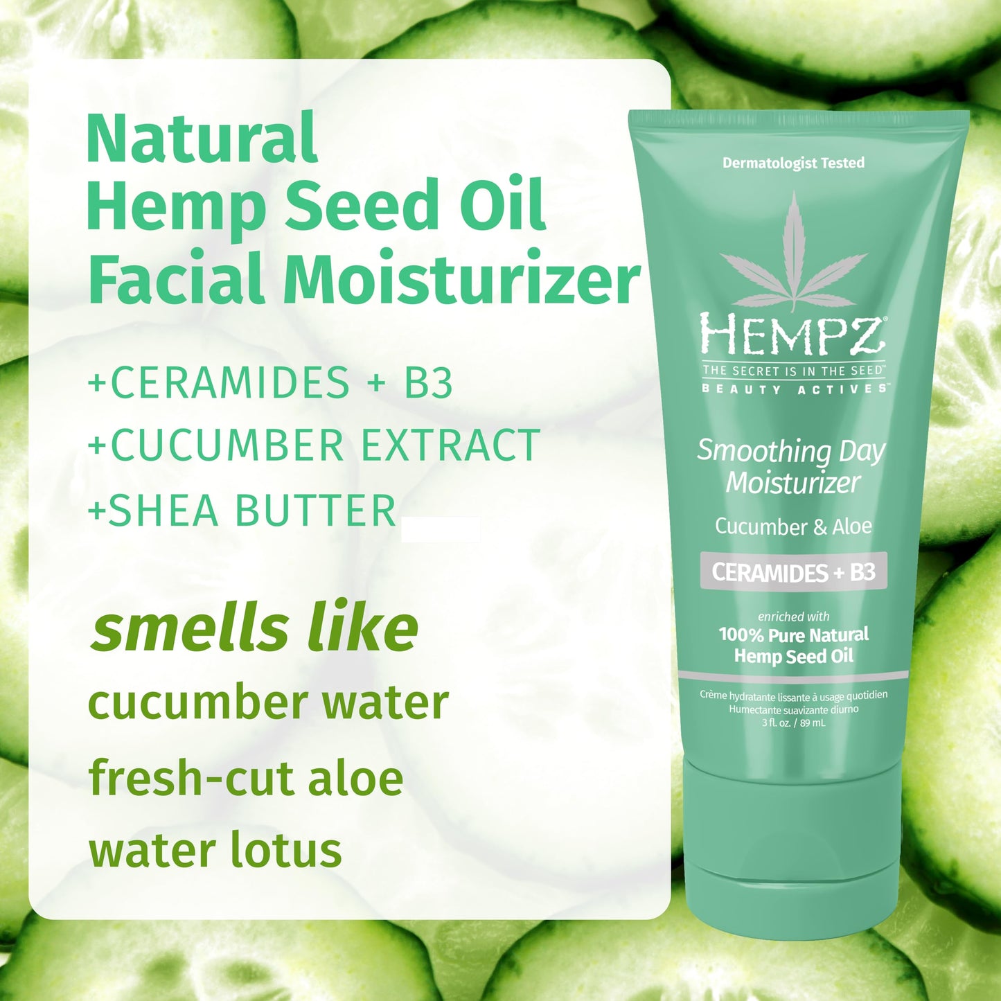 Hempz Cucumber & Aloe Smoothing Day Moisturizer - Hydrating Daily Cream Rich with Minerals, Vitamin C, & Hempseed Oil to Hydrate & Repair Extremely